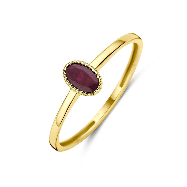 echt gouden ring met kleine ovale bordeaux rode robijn | 14 krt geel goud
