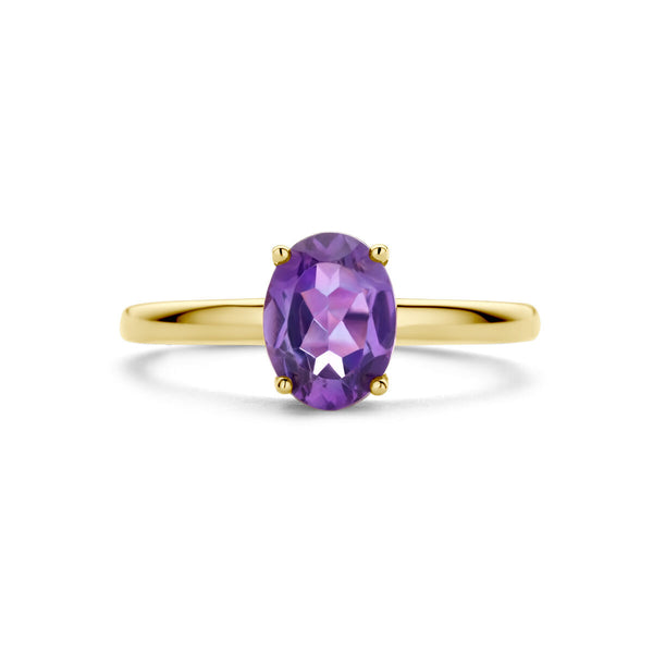 echt gouden ring met ovale paarse amethist | 14 krt geel goud