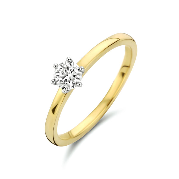 geel gouden ring met diamant gezet in wit gouden 6 poot chaton