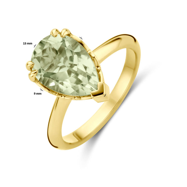 echt gouden ring met grote druppelvormige groene amethist | 14 krt