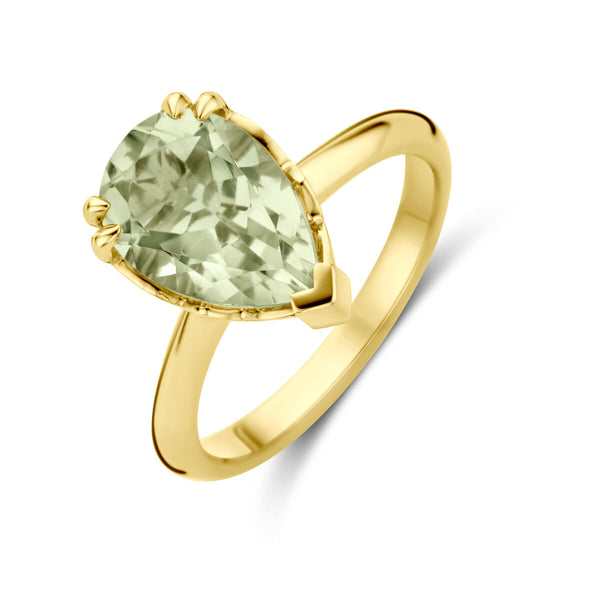 echt gouden ring met grote druppelvormige groene amethist | 14 krt
