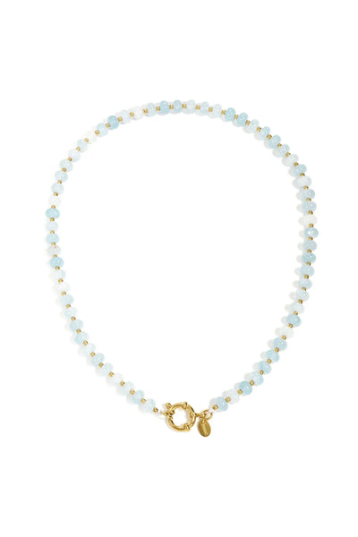 licht blauw kralen collier met groot goudkleurig slot