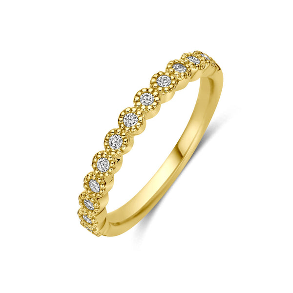 echt gouden ring met natuurlijke diamanten in bewerkte zetting | 14 krt geel goud
