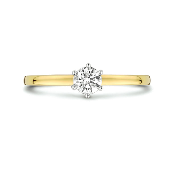 geel gouden ring met diamant gezet in wit gouden 6 poot chaton