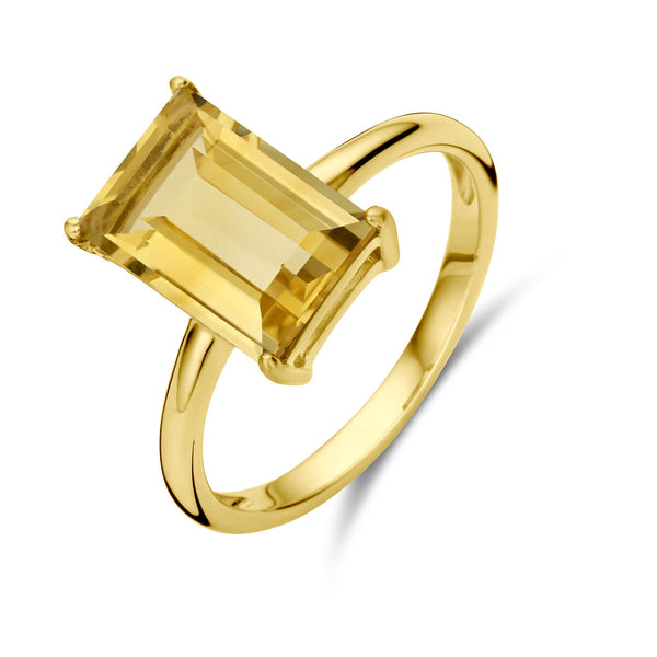 echt gouden ring met grote baguette geslepen citrien | 14 krt