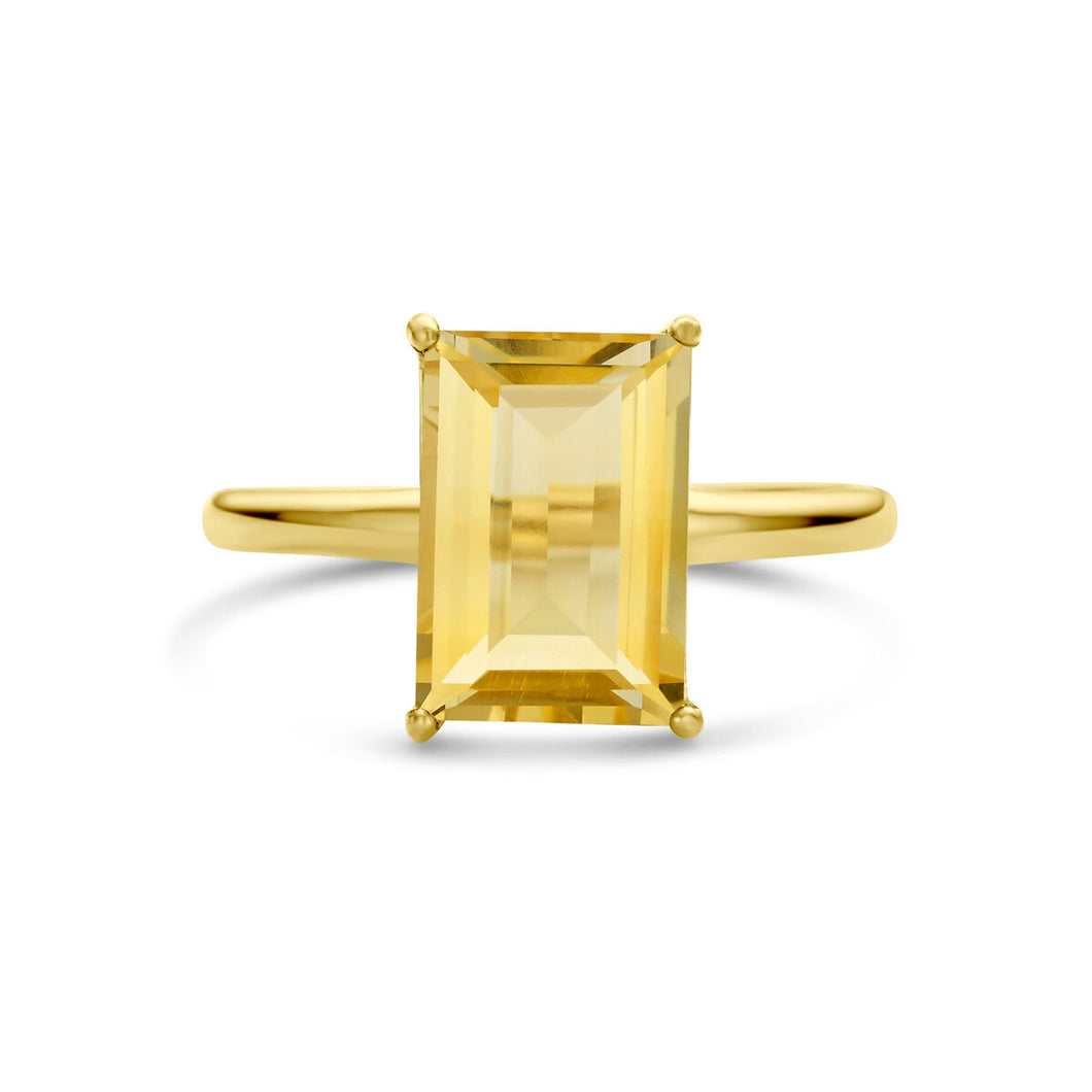 echt gouden ring met grote baguette geslepen citrien | 14 krt