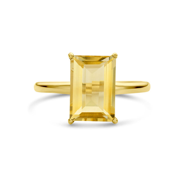 echt gouden ring met grote baguette geslepen citrien | 14 krt