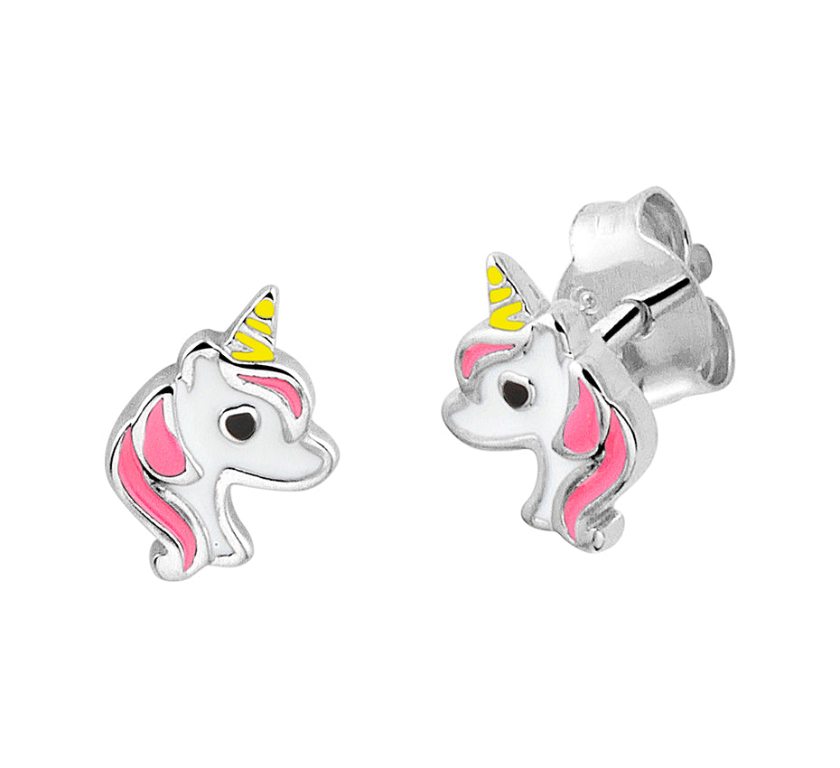 Unicorn oorknopjes met roze wit en geel | echt zilver