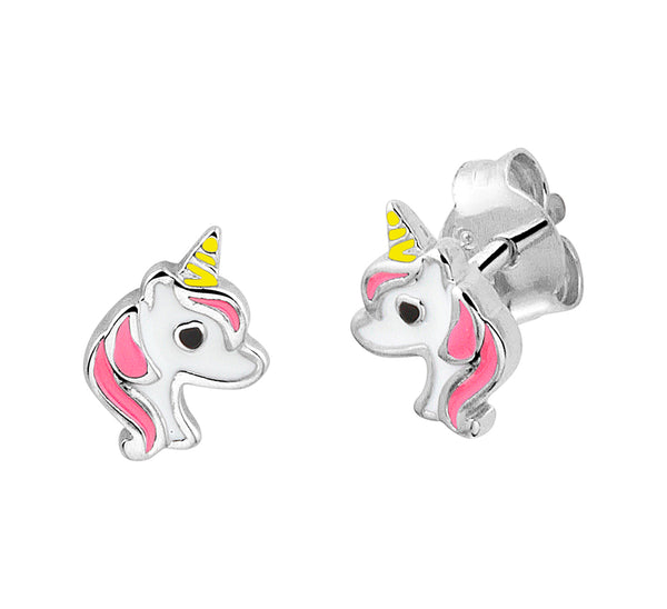 Unicorn oorknopjes met roze wit en geel | echt zilver