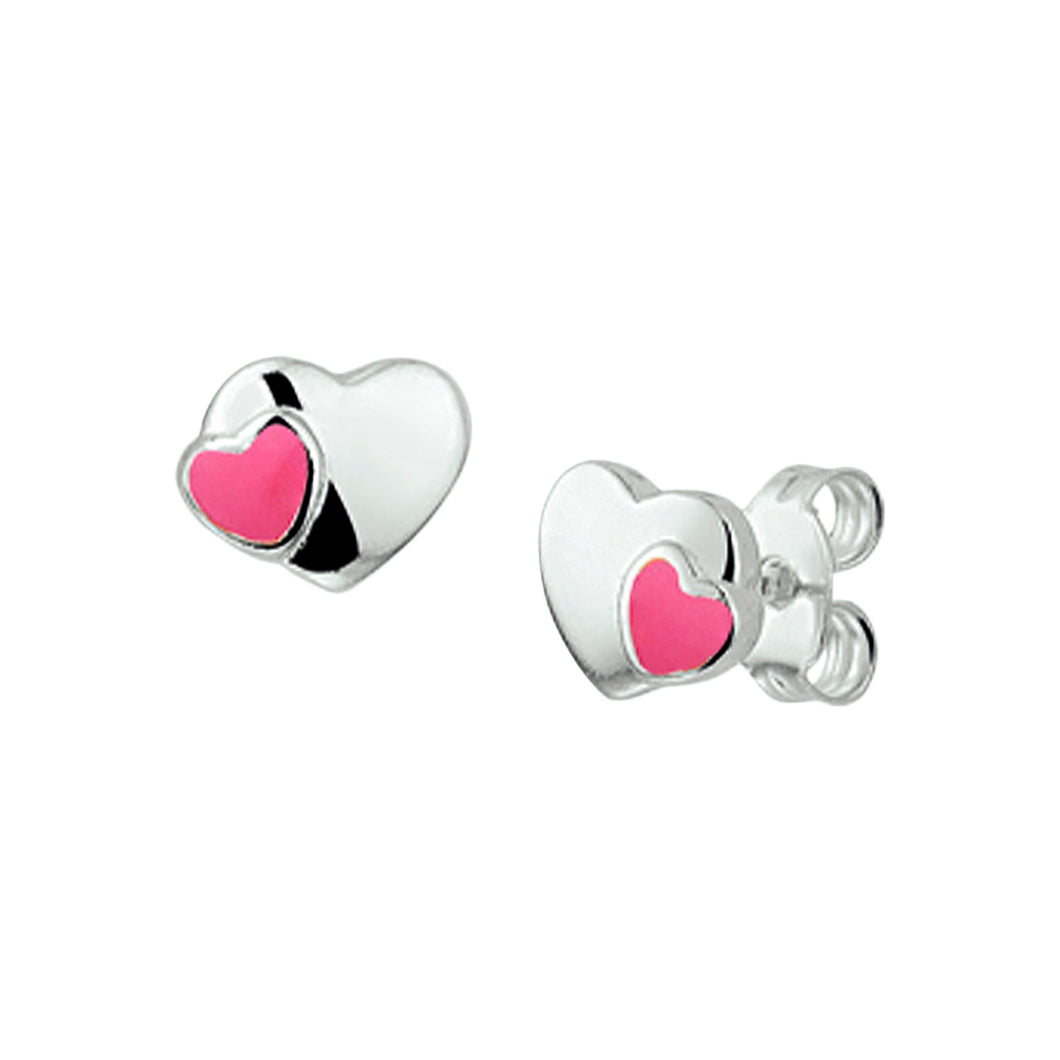 echt zilveren hart oorknopjes met roze hartje