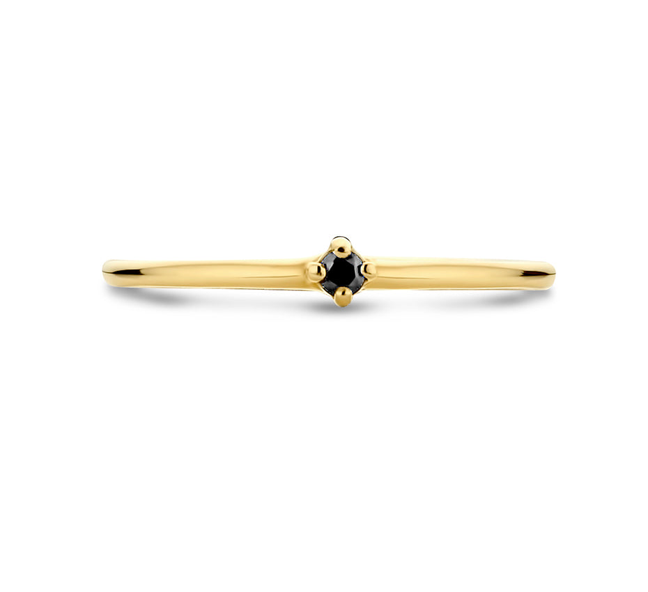 Geel gouden solitair ring met zwarte zirkonia
