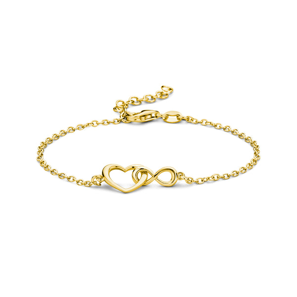 schakel armbandje met infinity teken en hartje in elkaar | verguld goud
