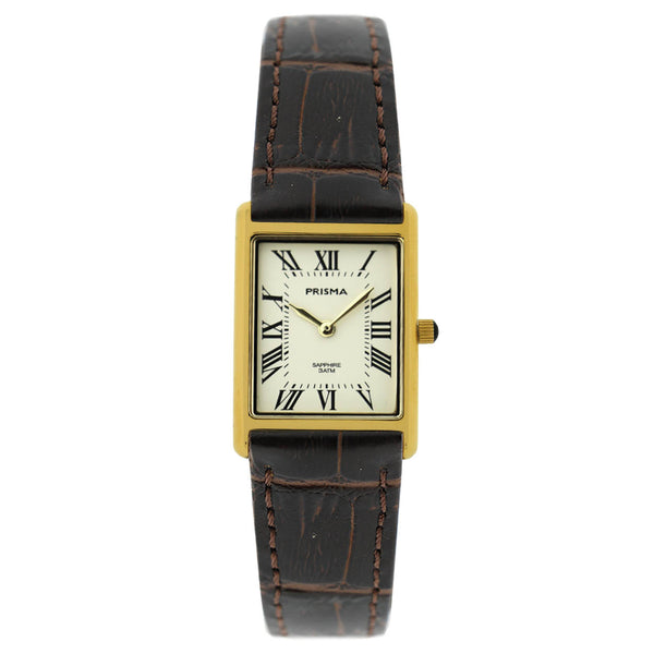 Prisma rechthoekig dames horloge met bruine leren band