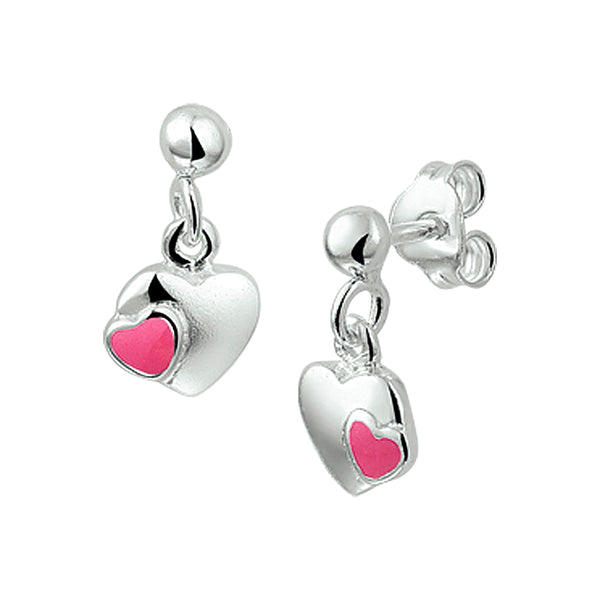 echt zilveren oorhangers met glad hartje met roze hartje