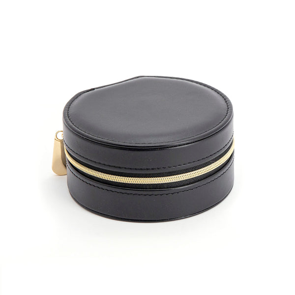 kleine ronde sieradenbox in zwart met goudkleurige rits