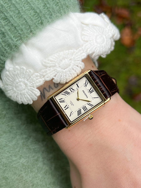 Prisma rechthoekig dames horloge met bruine leren band